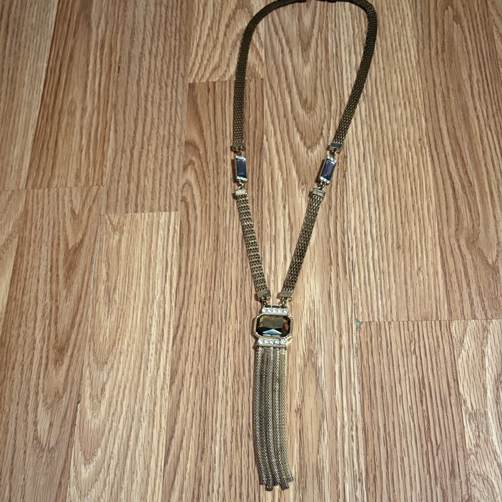 VINTAGE FACETED BLUE BROWN CLEAR RHINESTONE BRONZE TASSEL 30" NECKLACE